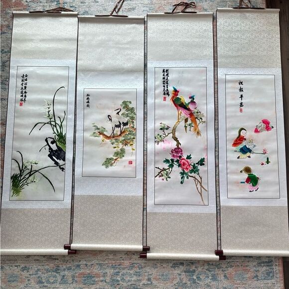 Vintage Chinese Silk Needlepoint Embroidered Tapestry Scroll 4 Panels Art Piece - Picture 1 of 16